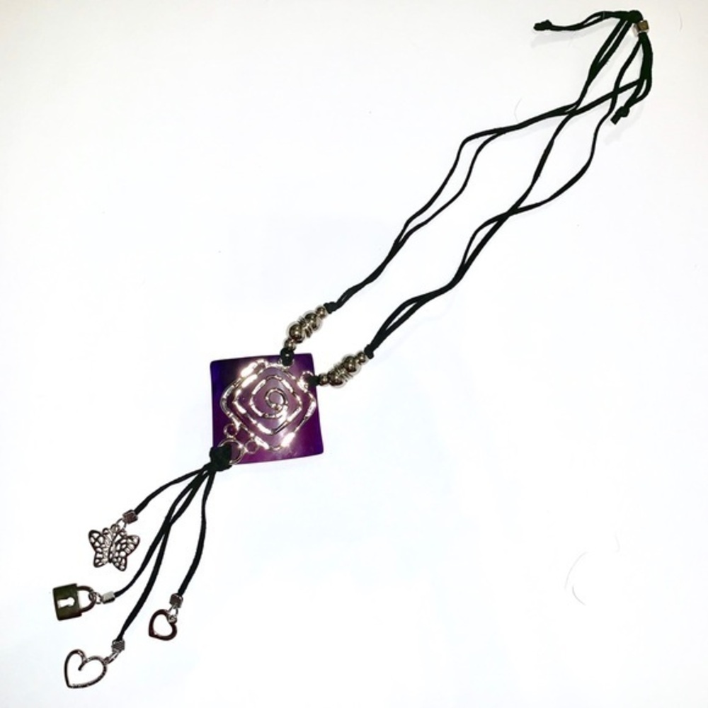 Purple Pendant 38” BOHO necklace w dangling charms